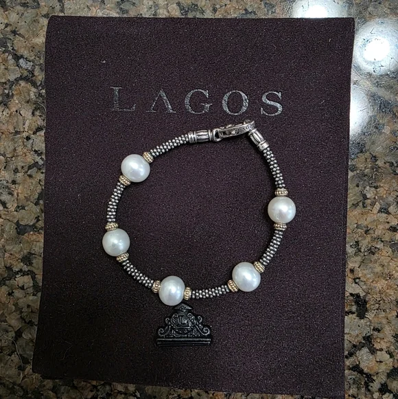 Lagos Soild 18k Gold & Sterling Silver Caviar Pearl Bracelet - Picture 2 of 10